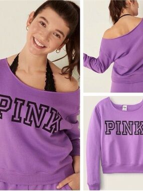 Victoria's Secret Pink Sweatshirt Raw Edge Neckline Cropped Fleece Pullover Sz M